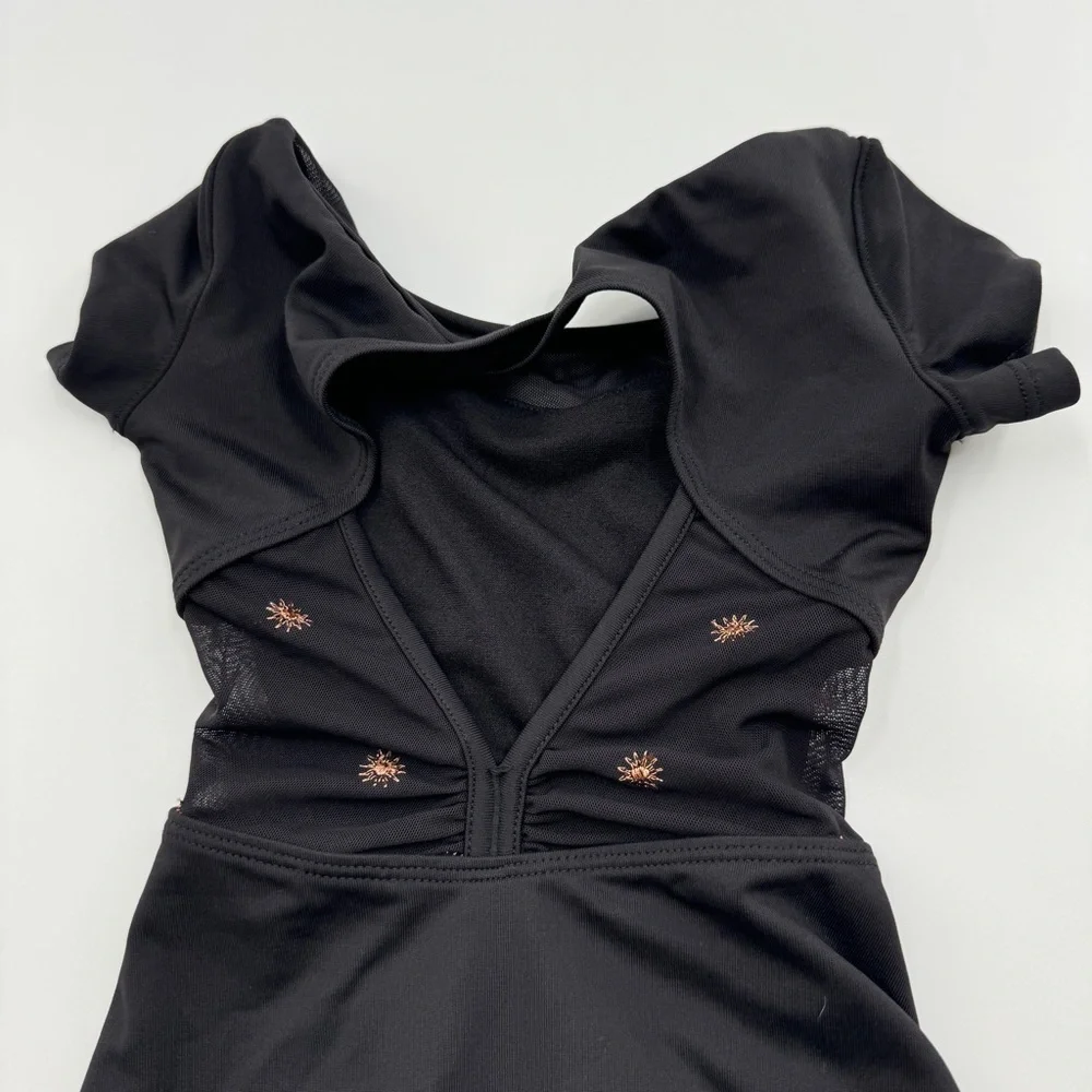 Bloch Kids Black Dance Leotard | Open Back Mesh Detail | Short Sleeve | Size 4–6